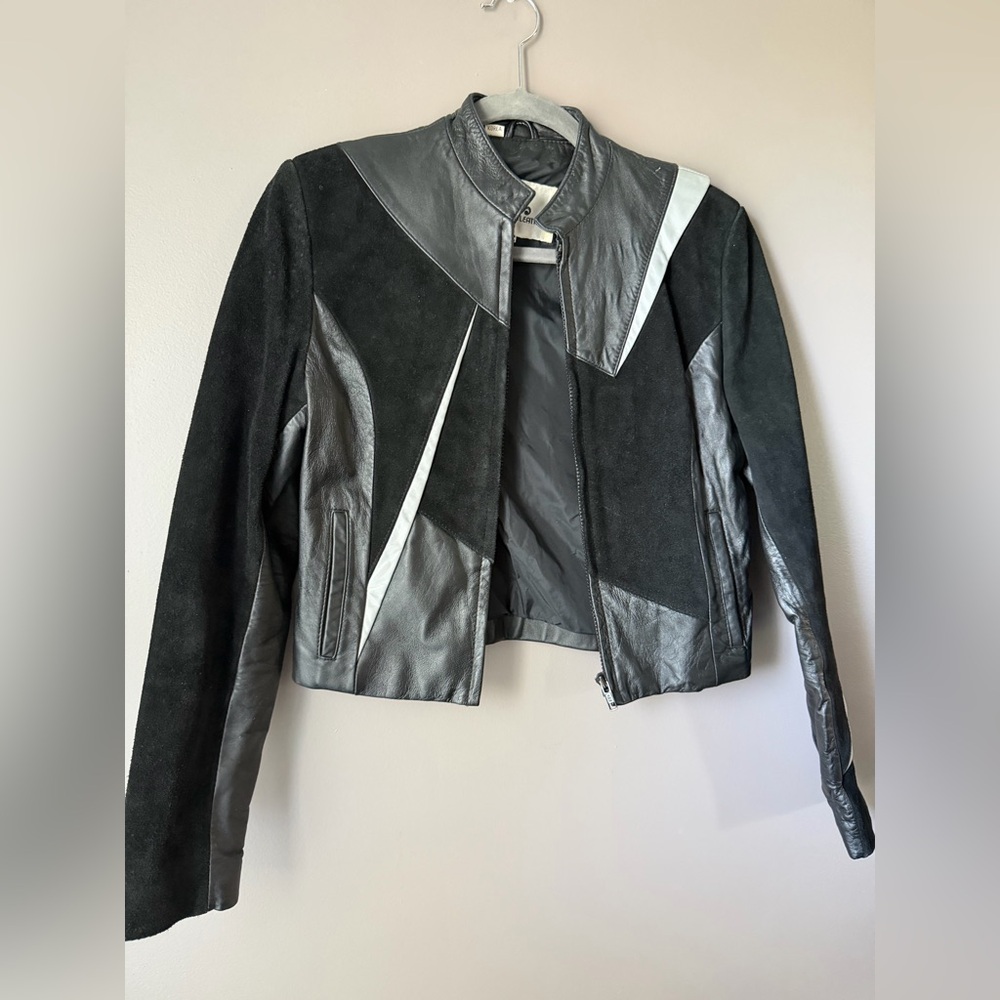 Wilsons Vintage Leather and Suede Black and Gray Women's Moto Jacket